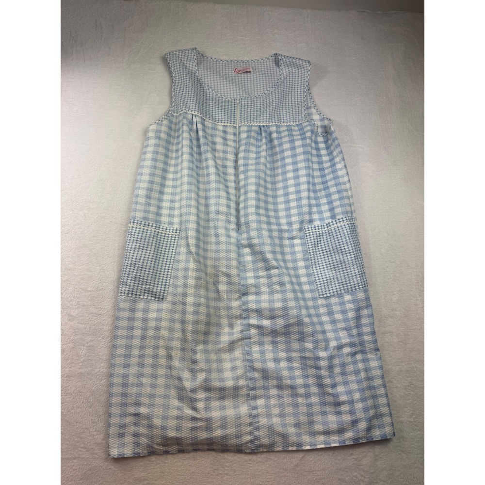 Tati Fashion Blue Gingham House Dress Sleeveless Zip Front Muumuu Pockets 40L